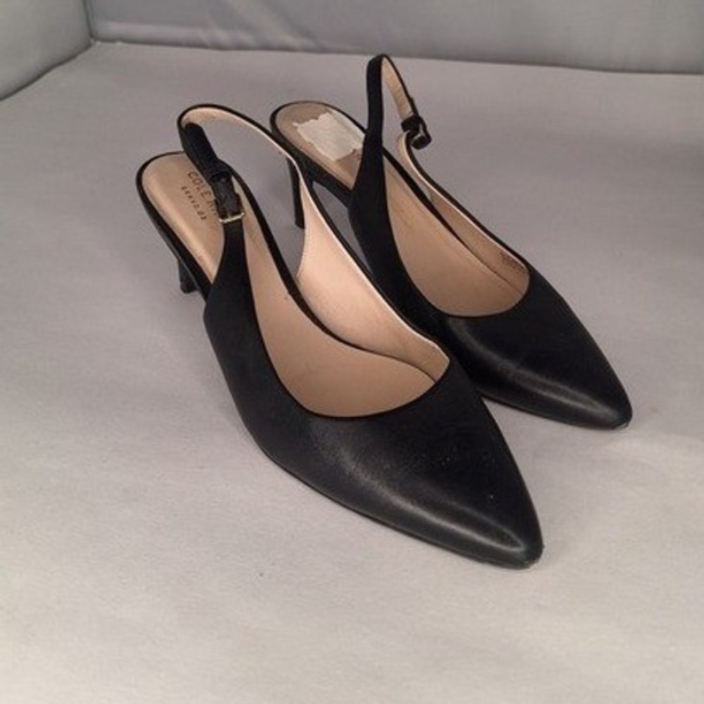 Cole Haan Womens Black Leather Pointed Toe Slingback Heels Size 7M